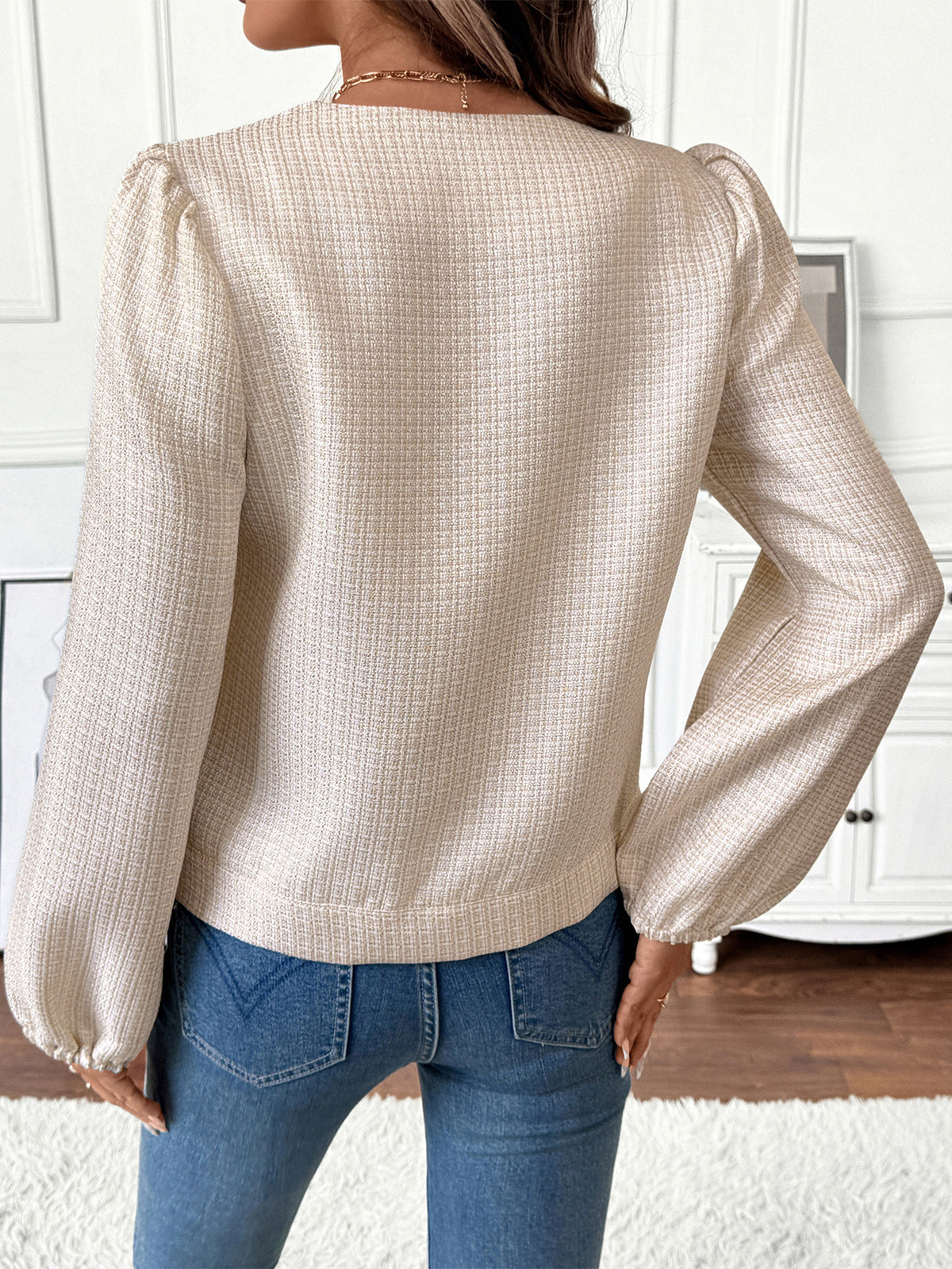 Covered Button Puff Sleeve Cropped Tweed Effect Jacket