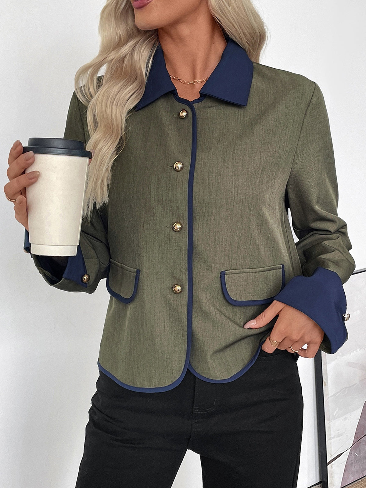 Contrast Collar Gold Button Piped Cropped Jacket