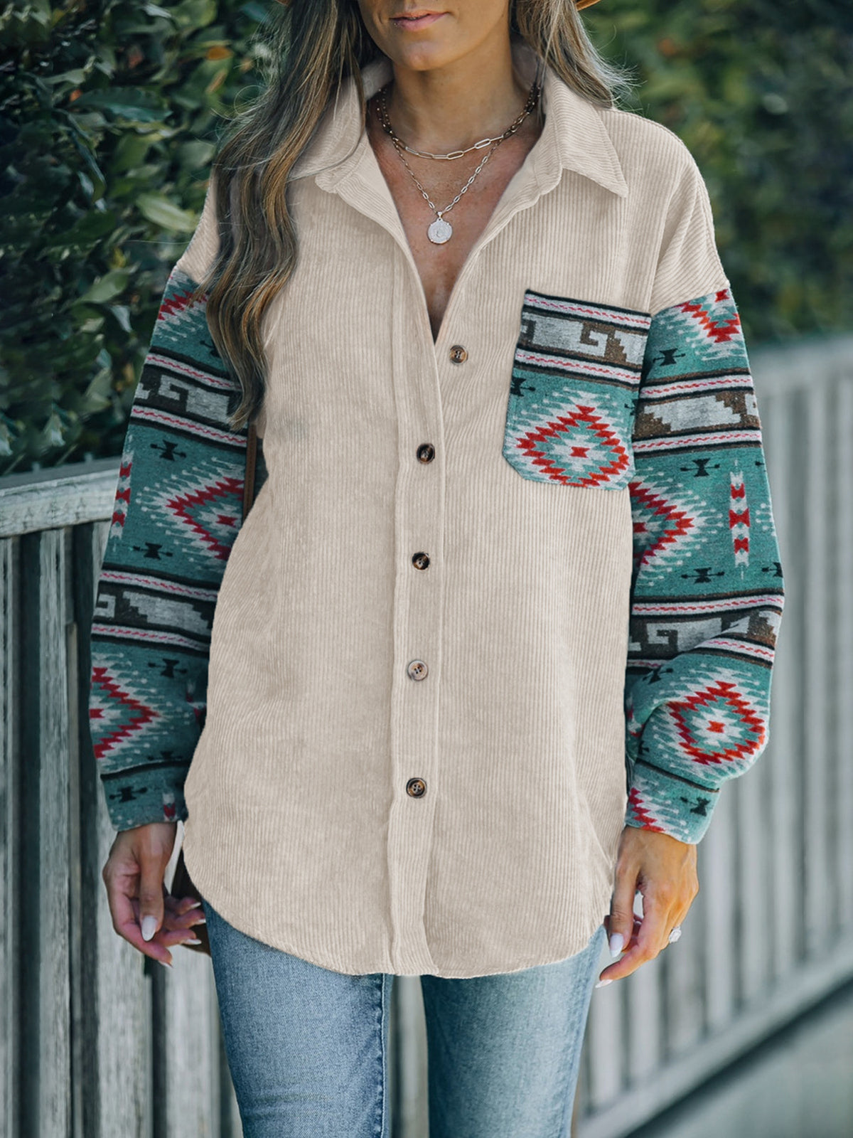 Aztec Print Sleeve Oversized Corduroy Shacket