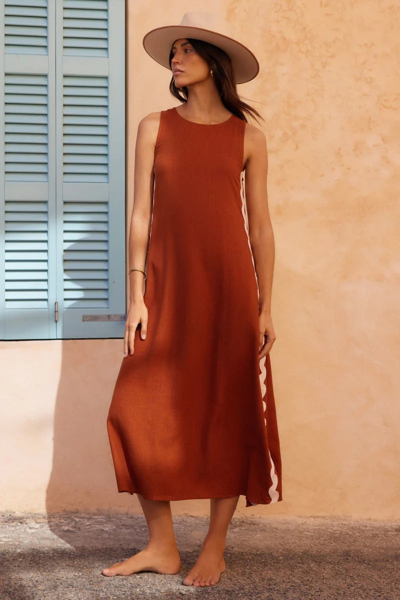 Wavy Lace Detail Sleeveless Midi Dress