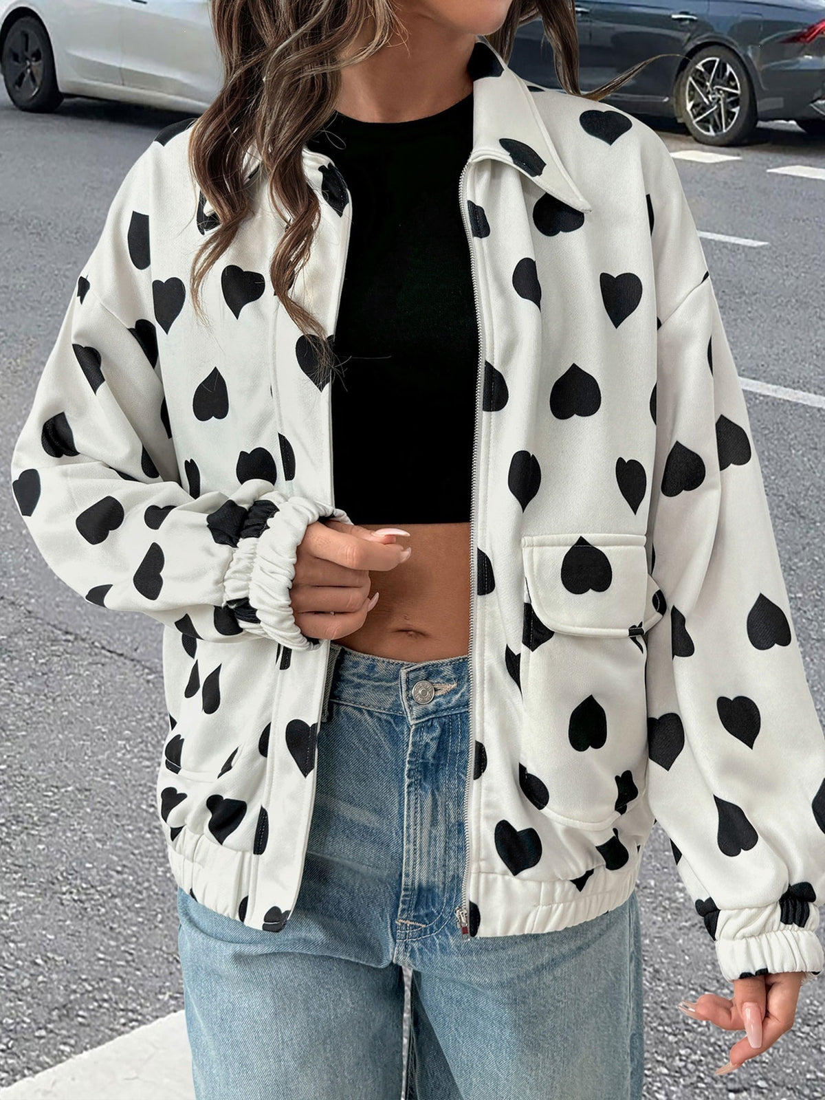 Collared Heart Print Zip Front Bomber Jacket