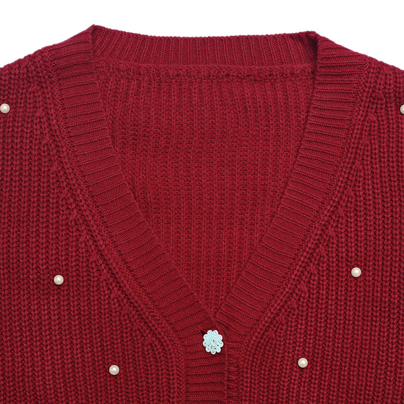 Faux Pearl Crystal Flower Button Chunky Rib Knit Cardigan