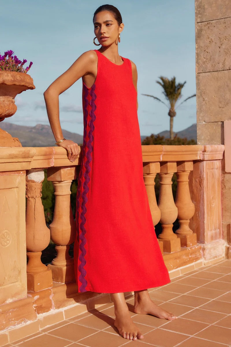 Wavy Lace Detail Sleeveless Midi Dress