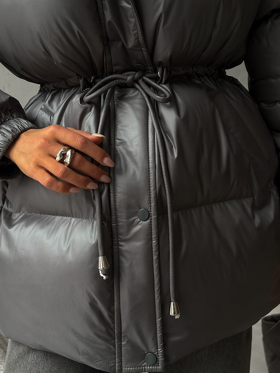 Drawstring Waist Hooded Zip Front Puffer Jacket