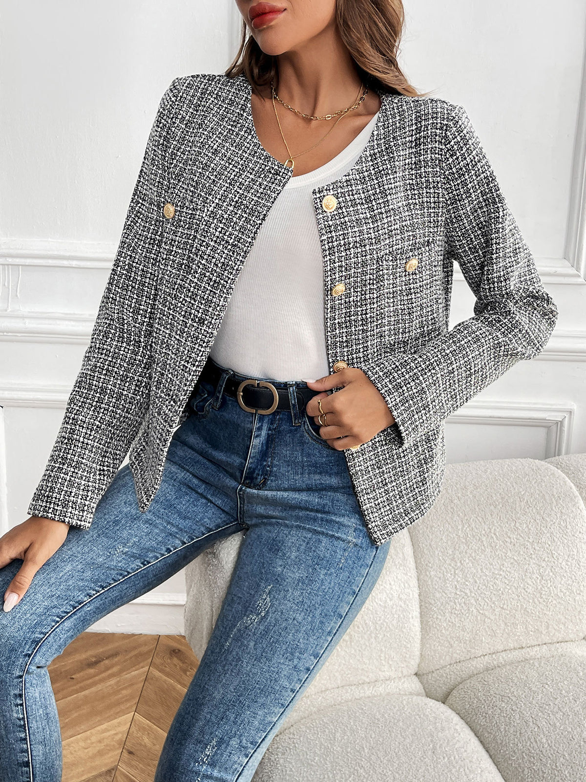 Gold Button Collarless Tweed Effect Cropped Jacket