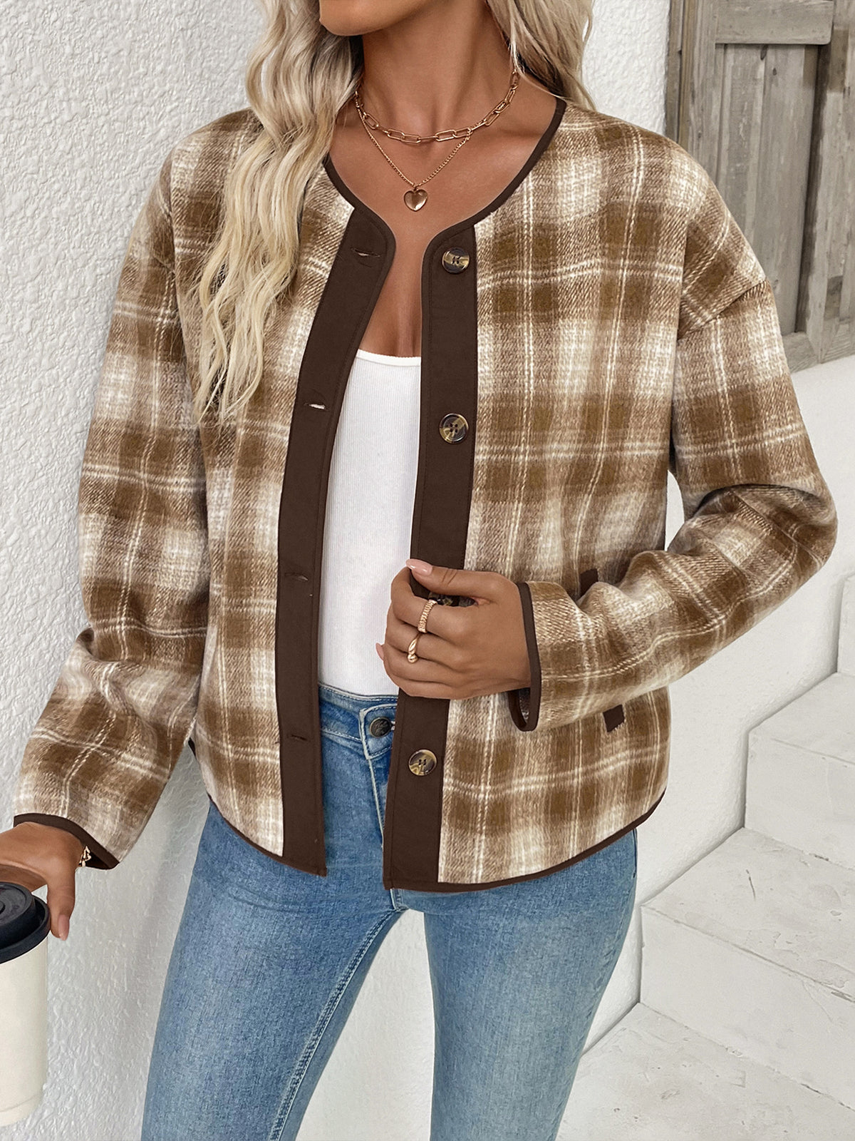 Camel Brushed Check Collarless Jacket with Brown Trim