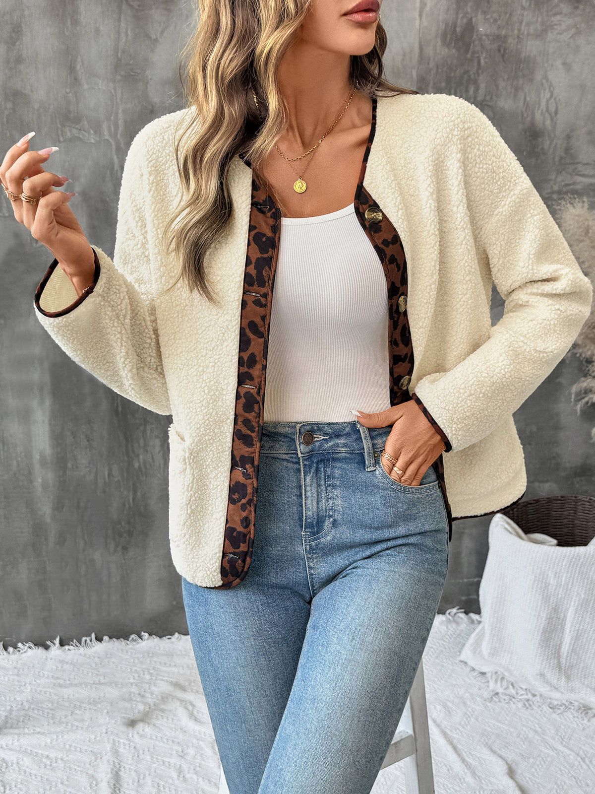 Cream Teddy Fleece Jacket with Leopard Print Trim & Buttons