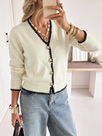 Gold Button Blanket Stitch V Neck Cropped Cardigan
