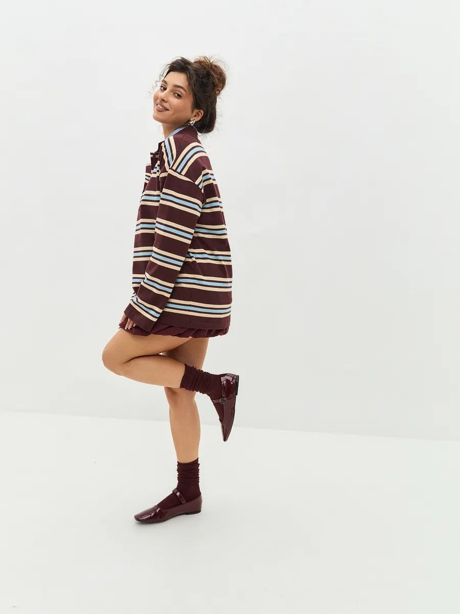 Button Placket Oversized Striped Rugby Top