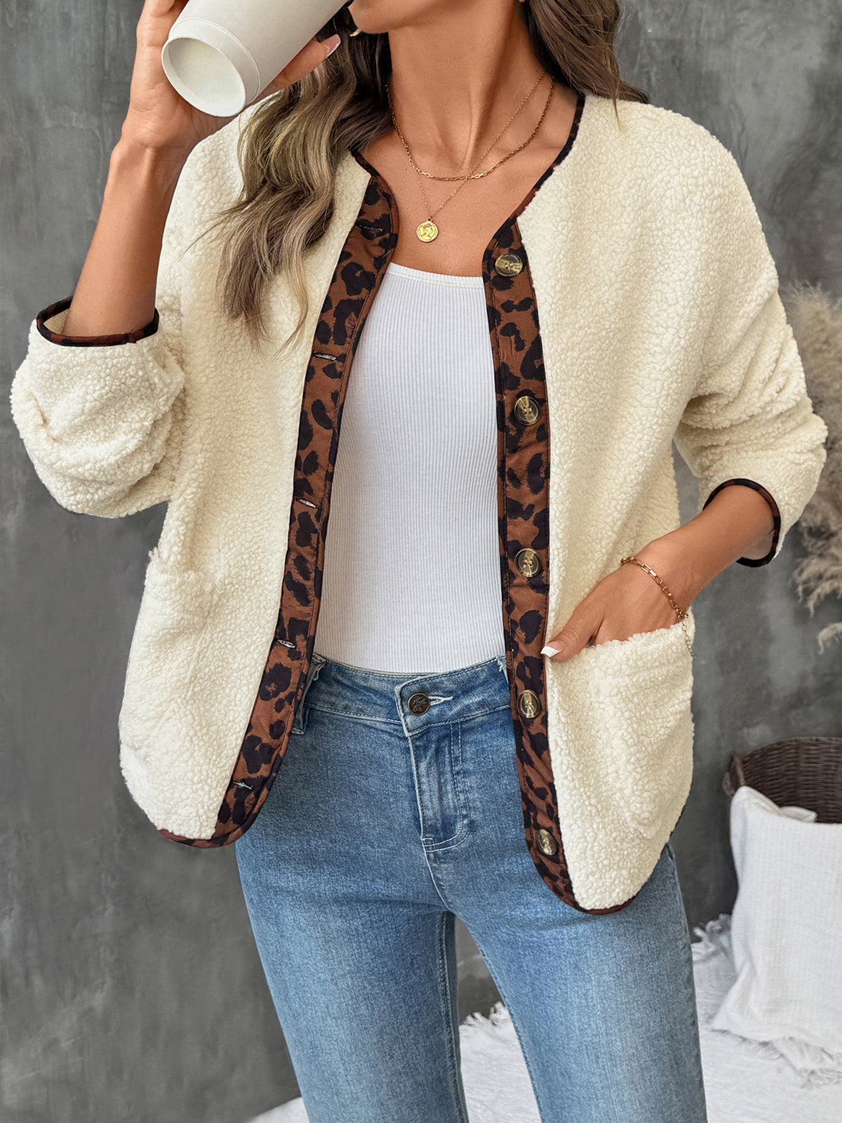 Cream Teddy Fleece Jacket with Leopard Print Trim & Buttons