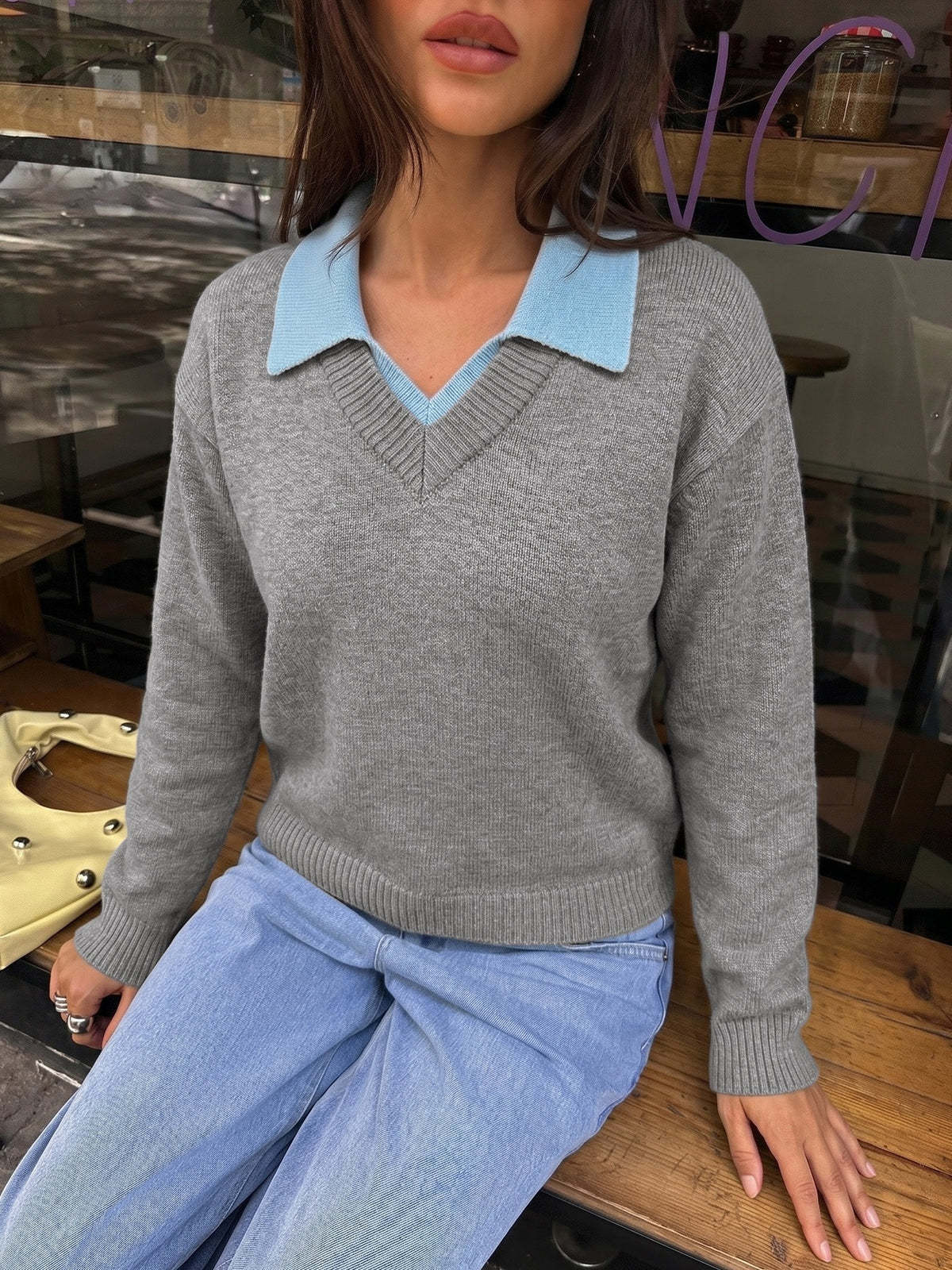 Contrast Collar Layered Look V Neck Soft Jumper