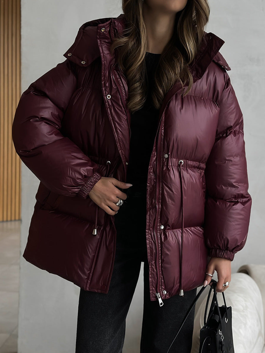 Drawstring Waist Hooded Zip Front Puffer Jacket