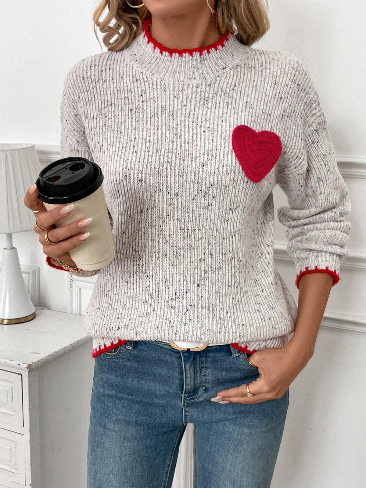 Contrast Stitch Mock Neck Heart Knit Jumper