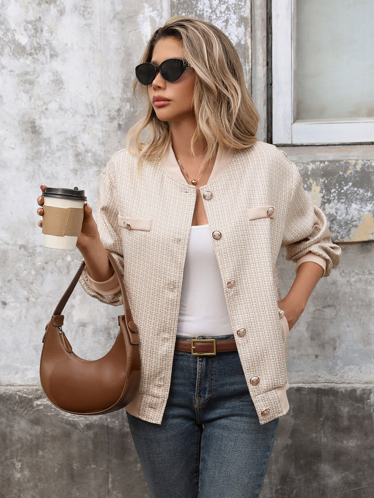 Gold Button Ribbed Trim Pocket Tweed Bomber Jacket