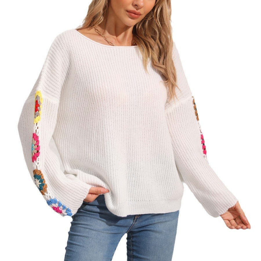 Women's Crochet Sleeve Jumper - white, front view
