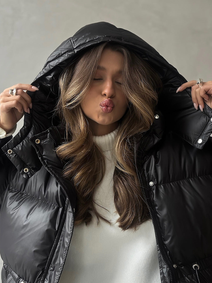 Drawstring Waist Hooded Zip Front Puffer Jacket