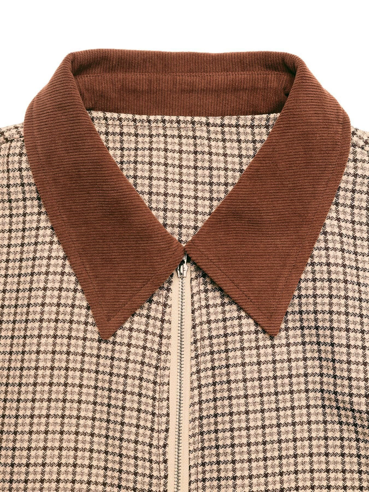 Corduroy Collar Zip Front Dogtooth Jacket