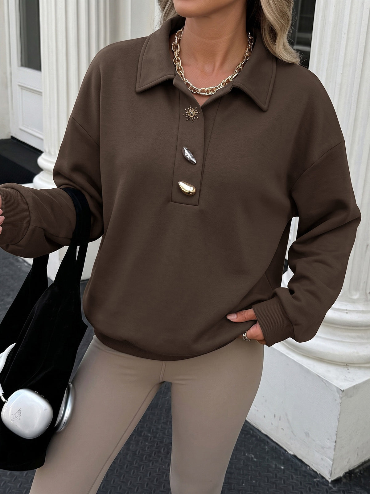 Statement Button Collared Oversized Polo Sweatshirt