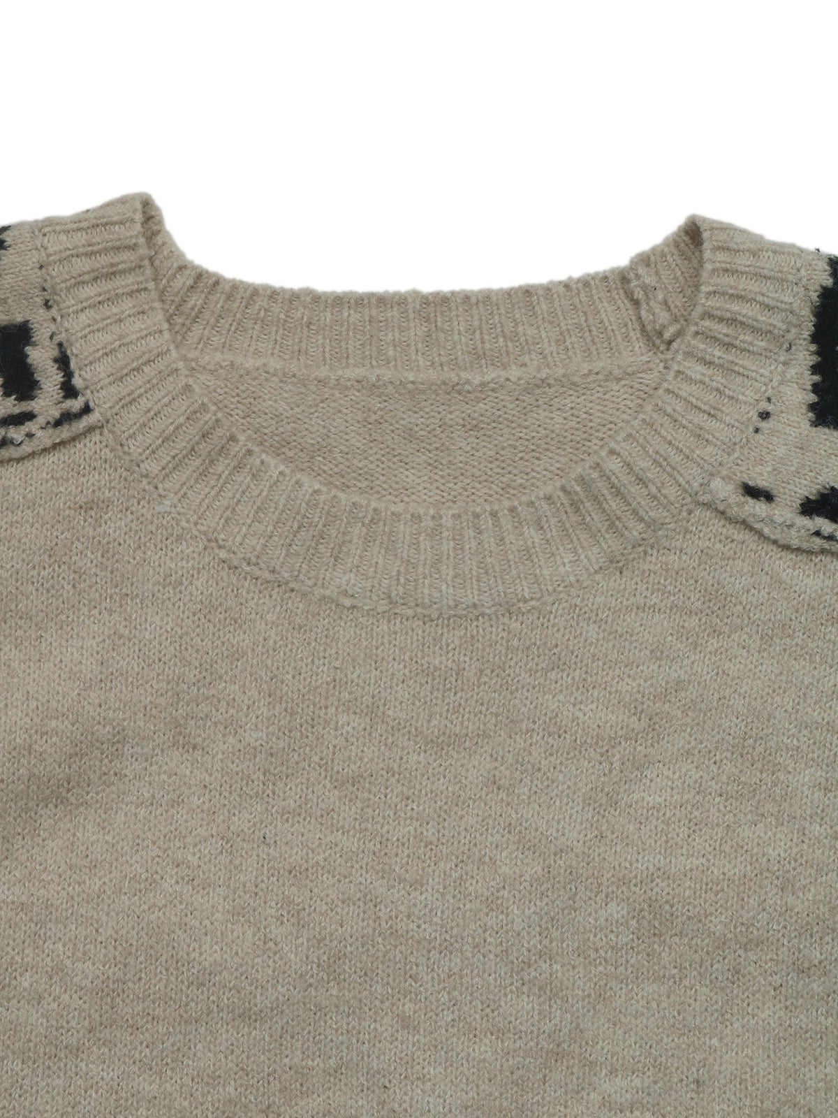 Close-up of a knit sweater showing the ribbed crew neck and shoulder details in a light taupe-beige color with black accents.