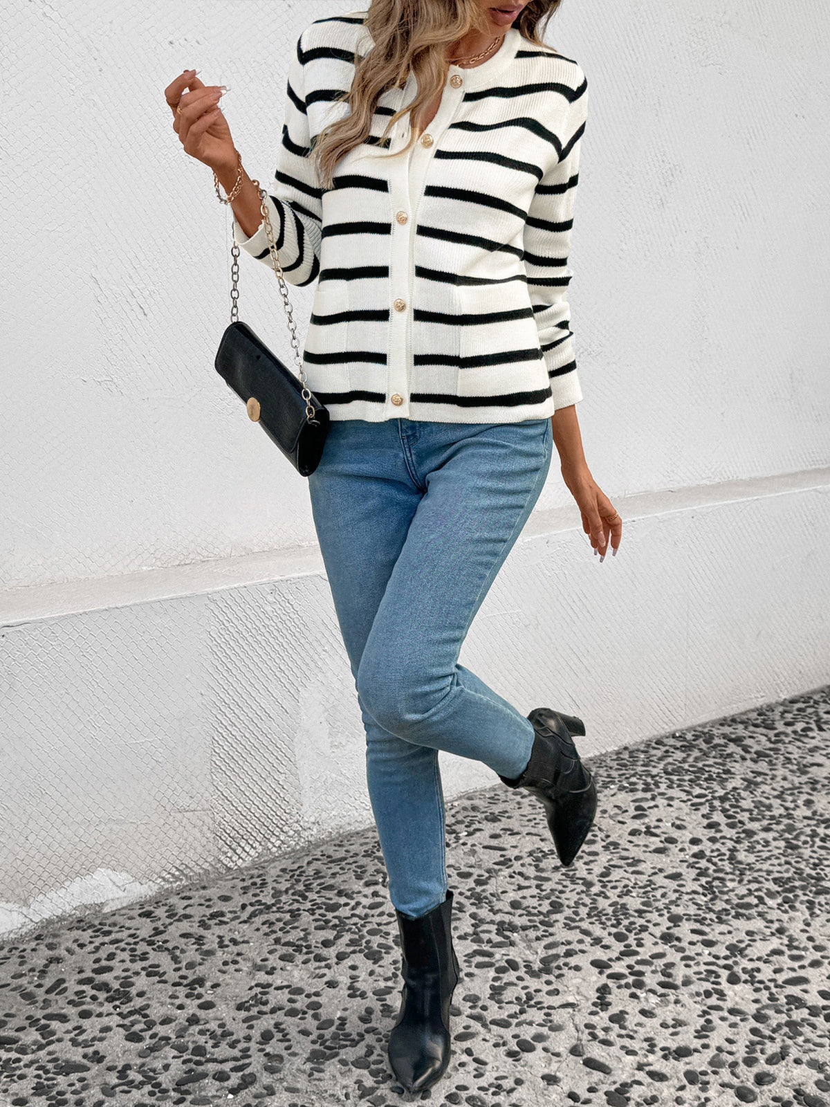 Black and White Striped Cardigan with Gold Button Front