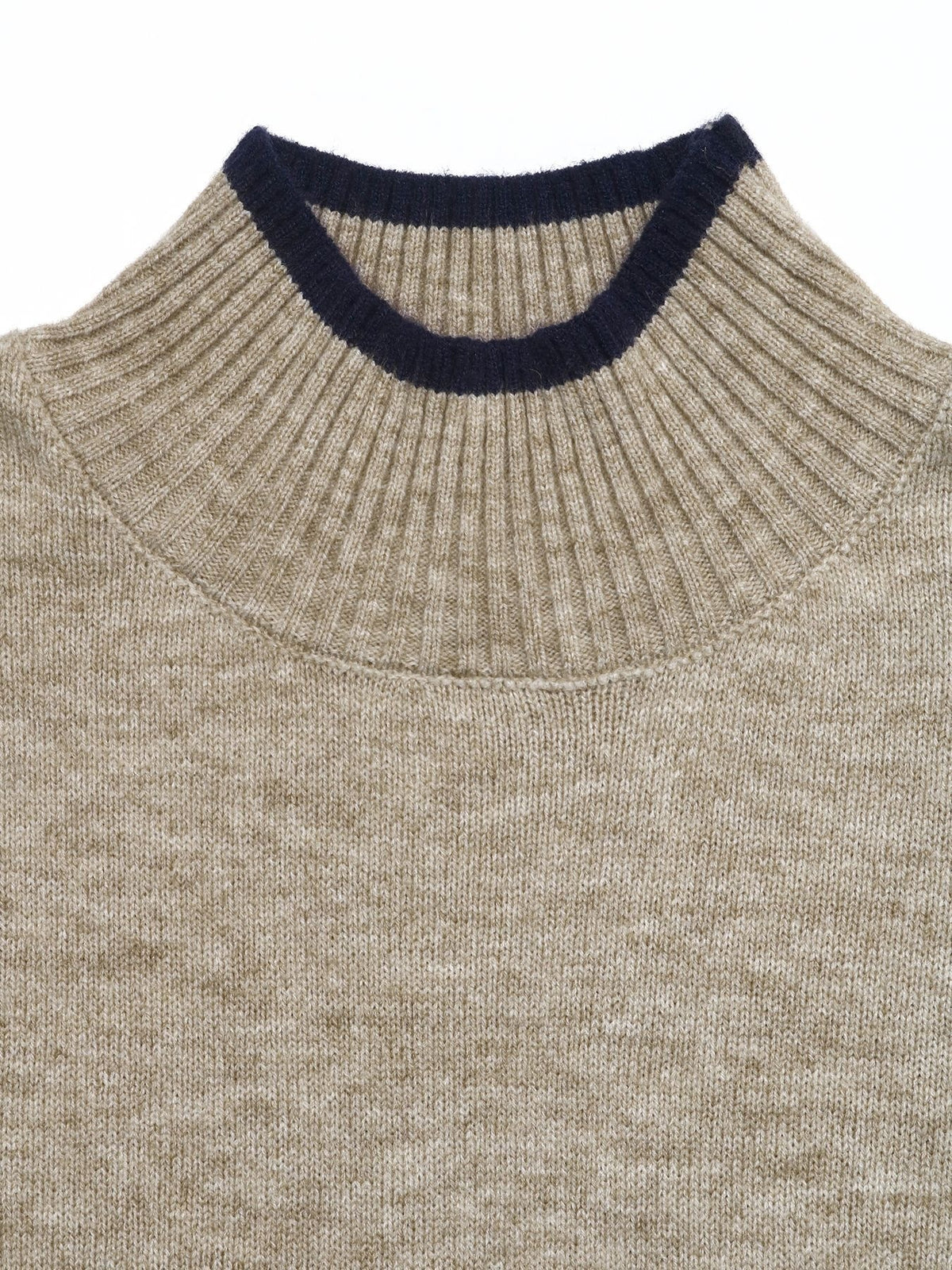 Close-up of a ribbed knit sweater neck in a heathered beige color with a contrasting dark navy ribbed collar trim, shown against a plain white background.