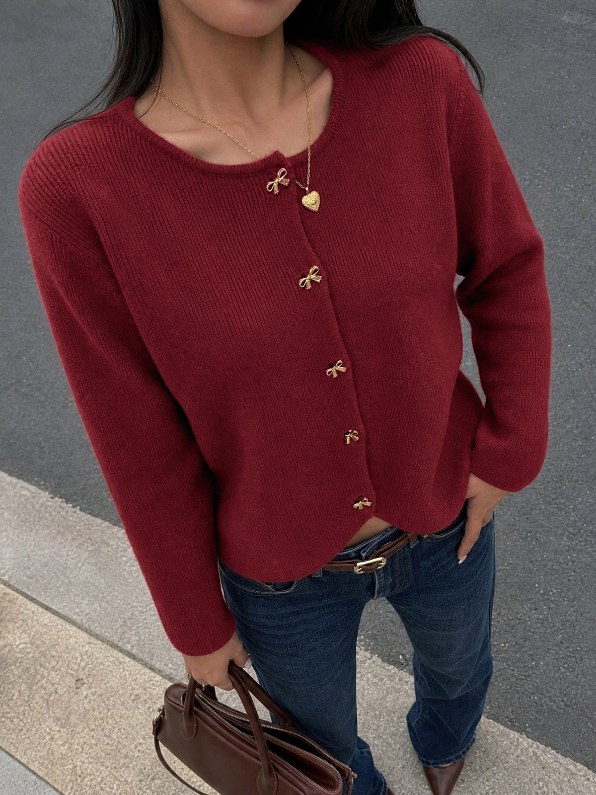 Gold Bow Button Crew Neck Soft Knit Cardigan