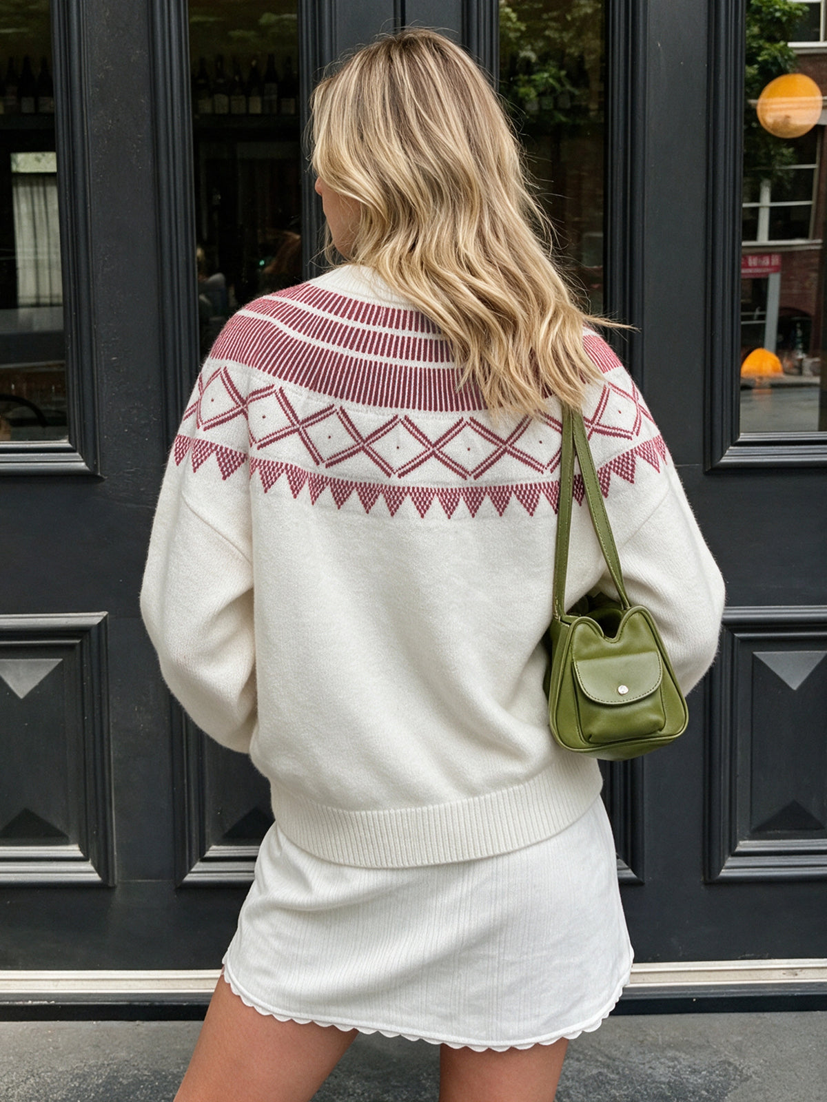 Burgundy Yoke Crew Neck Fair Isle Knit Jumper
