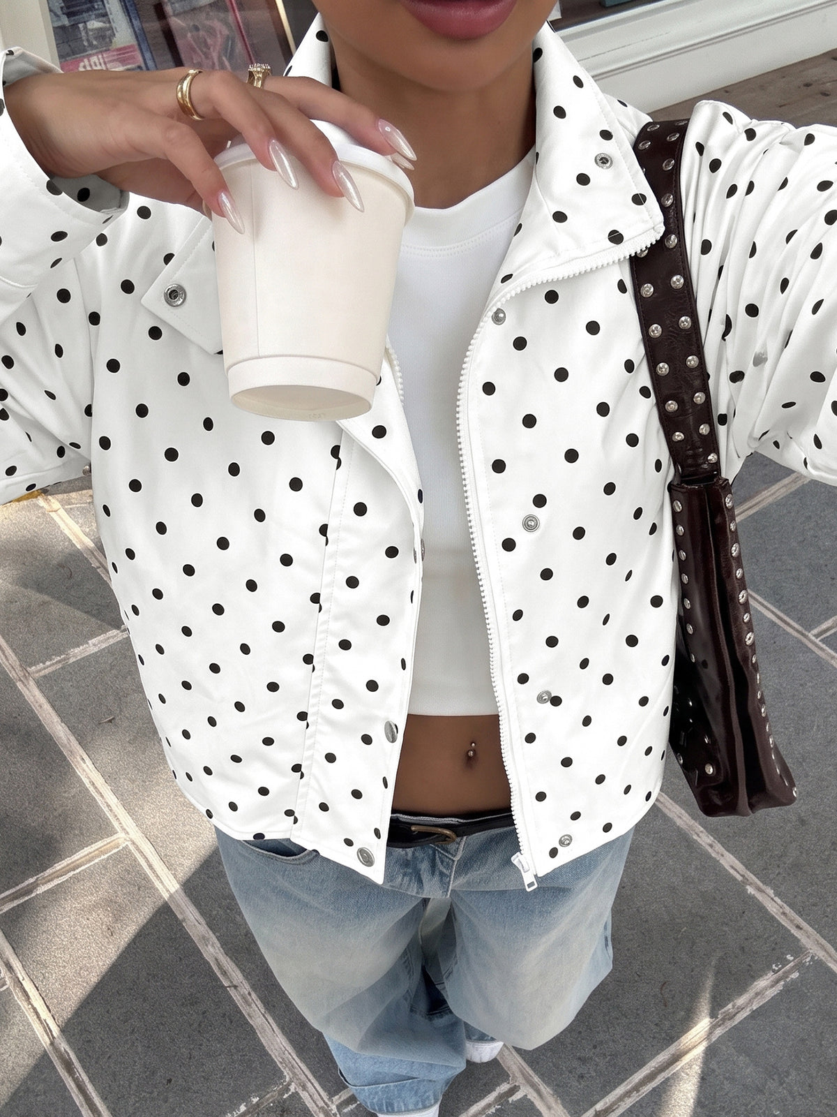 Funnel Neck Zip Front Cropped Polka Dot Jacket