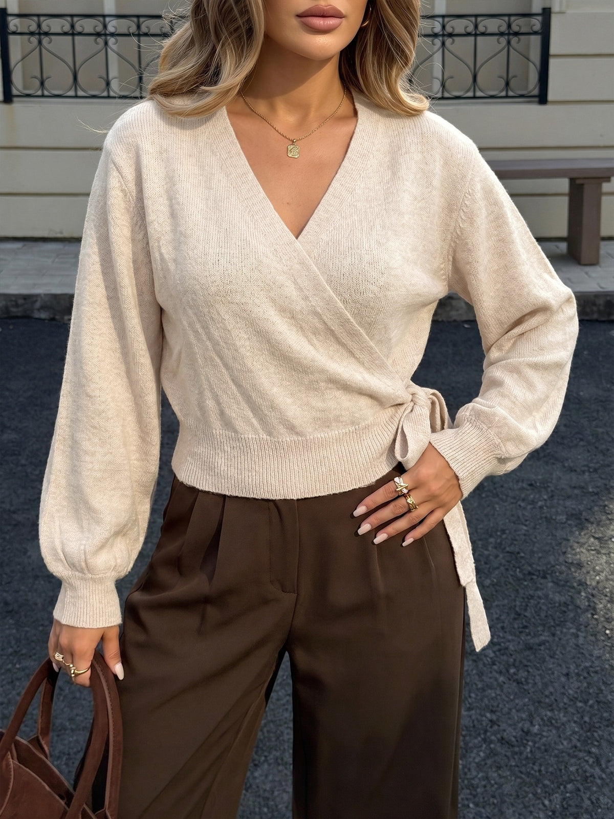 Tie Side Balloon Sleeve Cropped Wrap Front Jumper