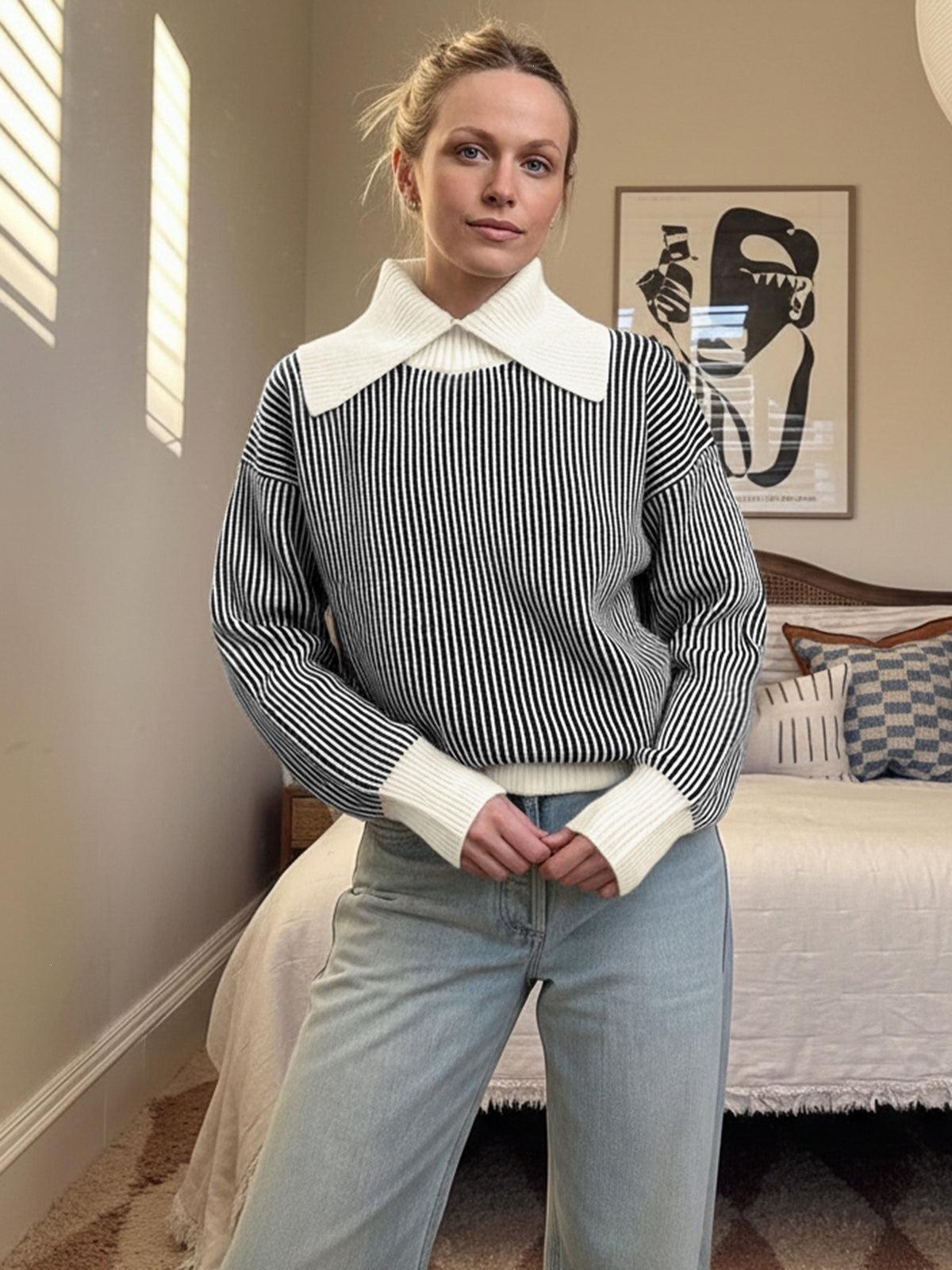 Wide Contrast Collar Vertical Stripe Ribbed Jumper