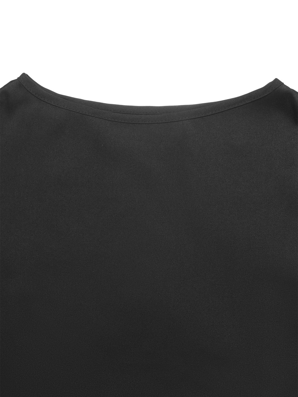 Close-up of a black crew-neck garment, showing the fabric texture and neckline against a plain white background.