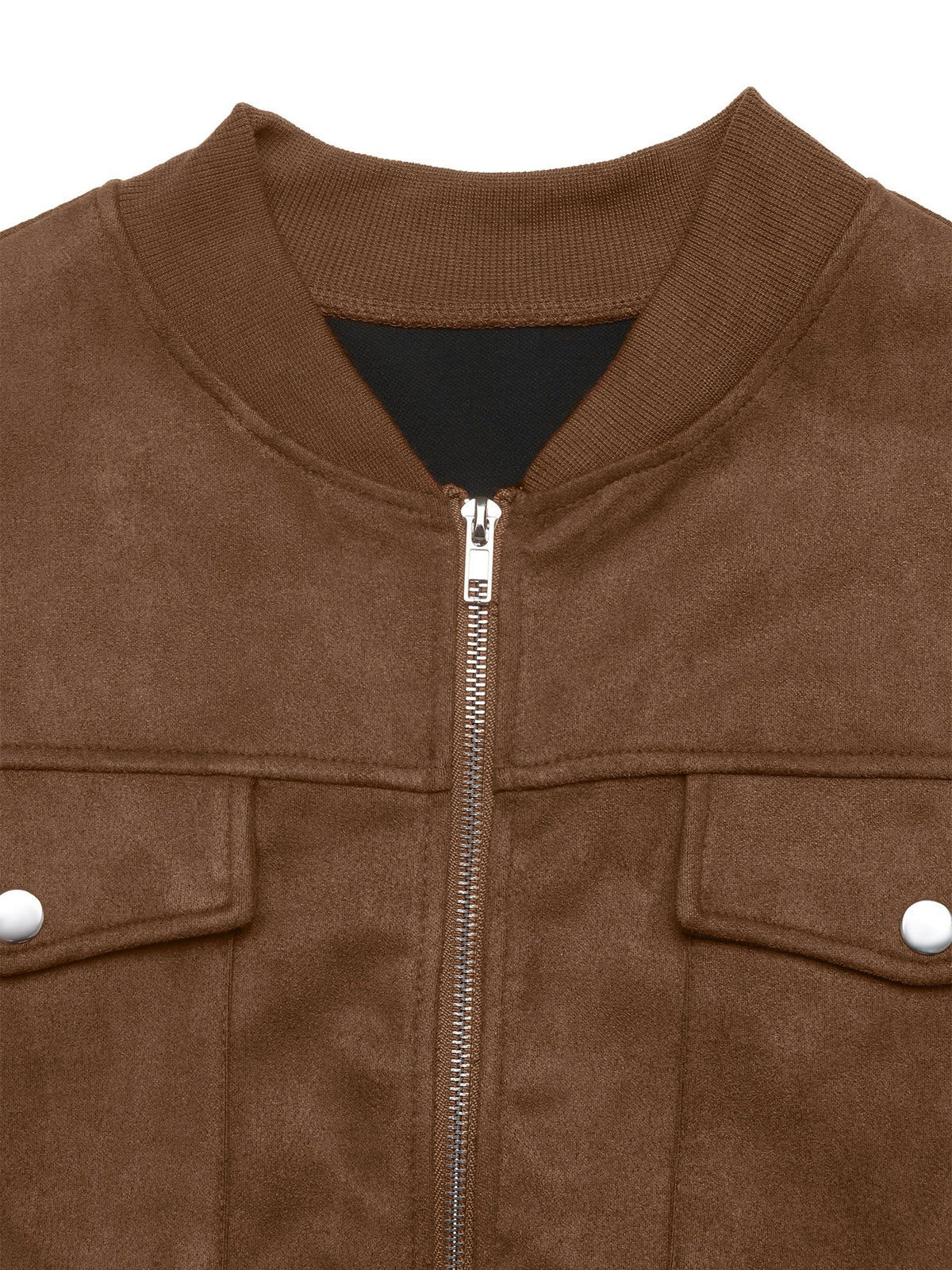 Brown jacket with a zipper and white buttons on a white background