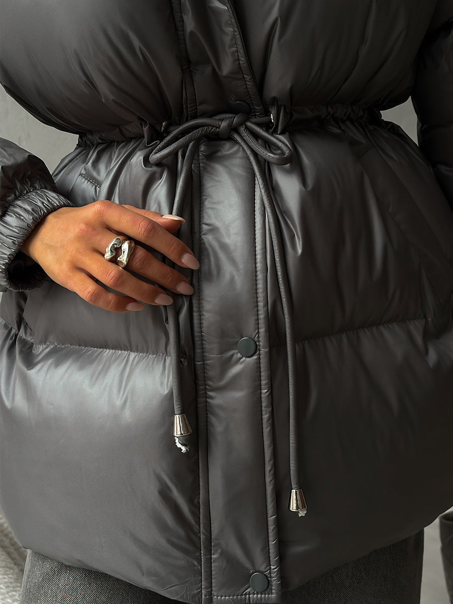 Drawstring Waist Hooded Zip Front Puffer Jacket