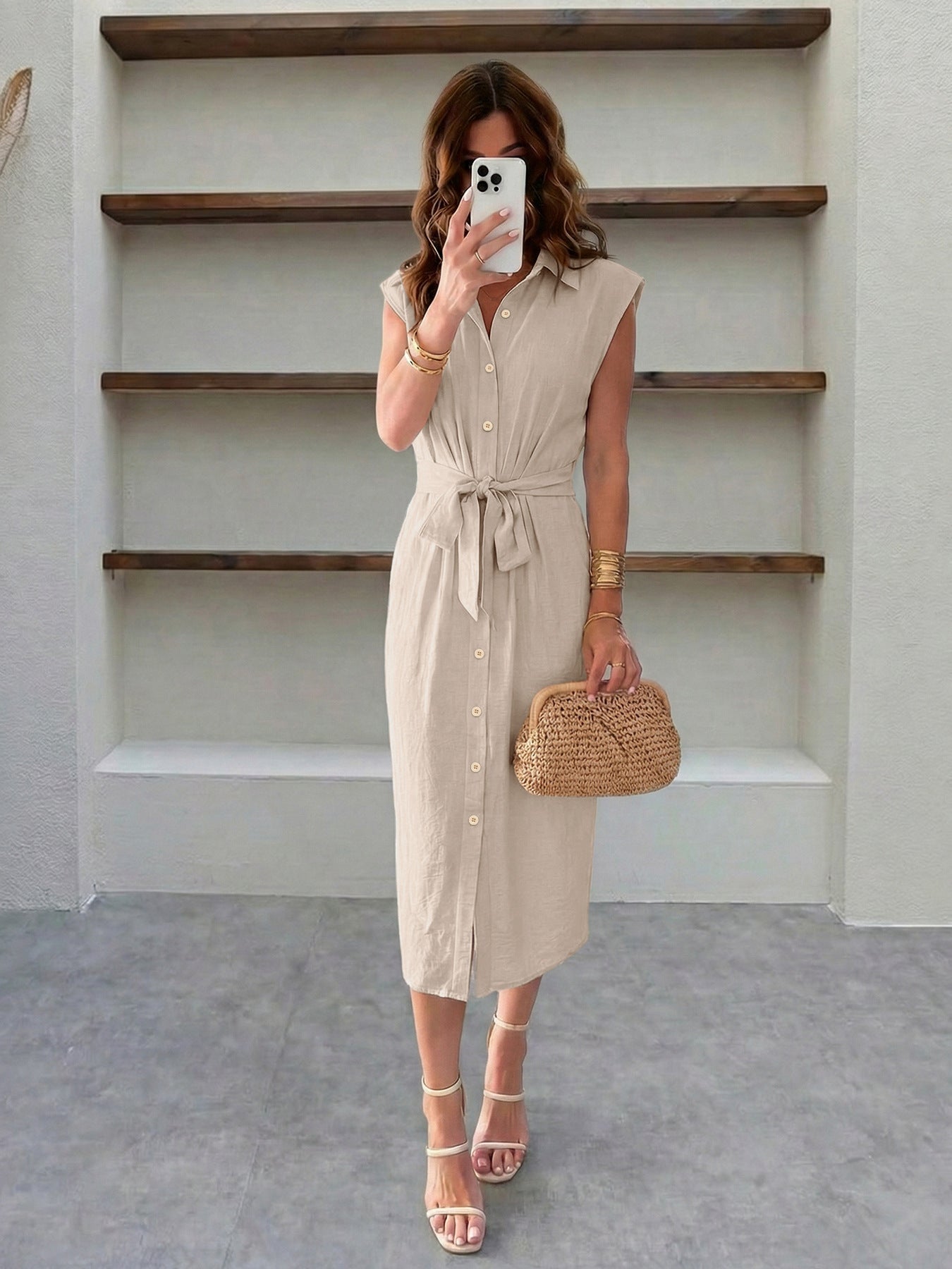 Beige Belted Midi Shirt Dress