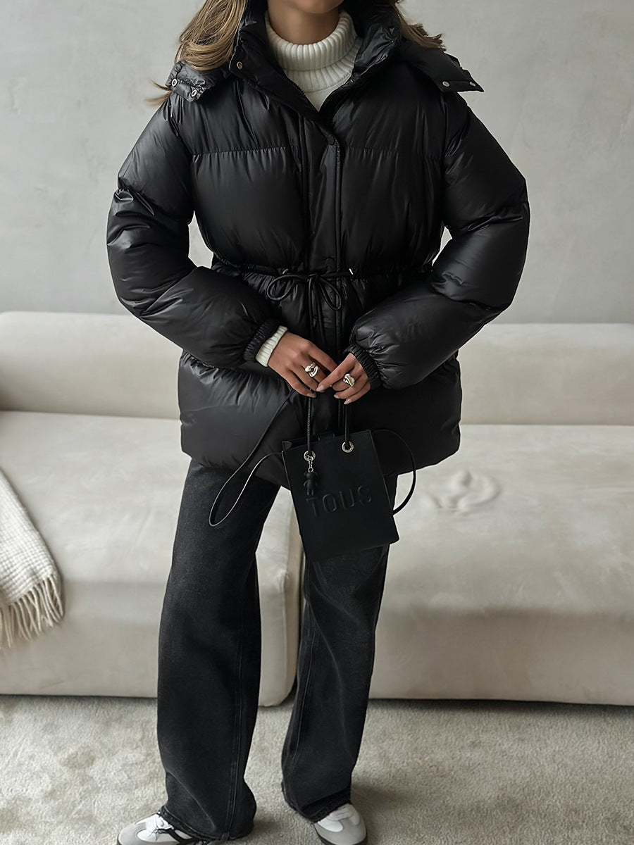 Drawstring Waist Hooded Zip Front Puffer Jacket