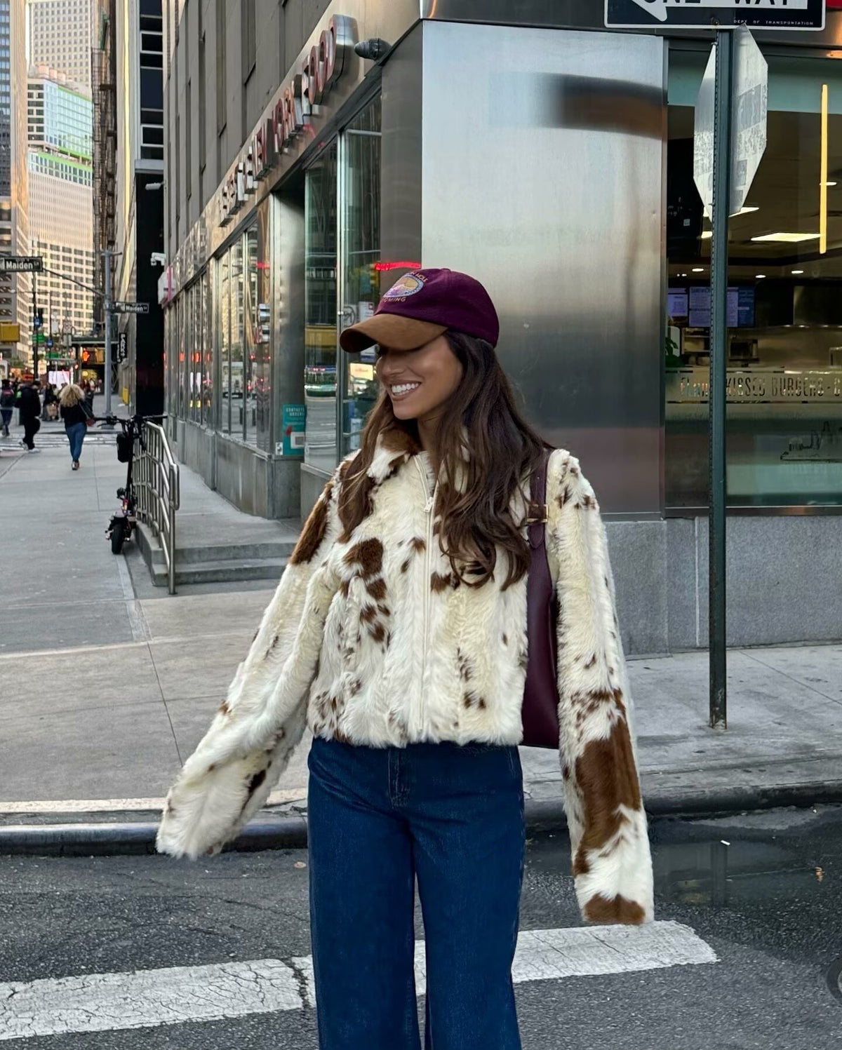 Collared Zip Through Cropped Cow Print Faux Fur Jacket