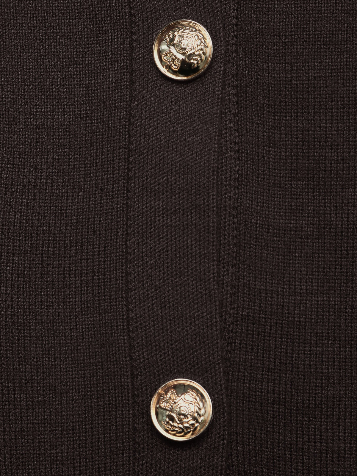 Close-up of a dark brown textured knit garment featuring two prominent metallic gold buttons with embossed lion heads.