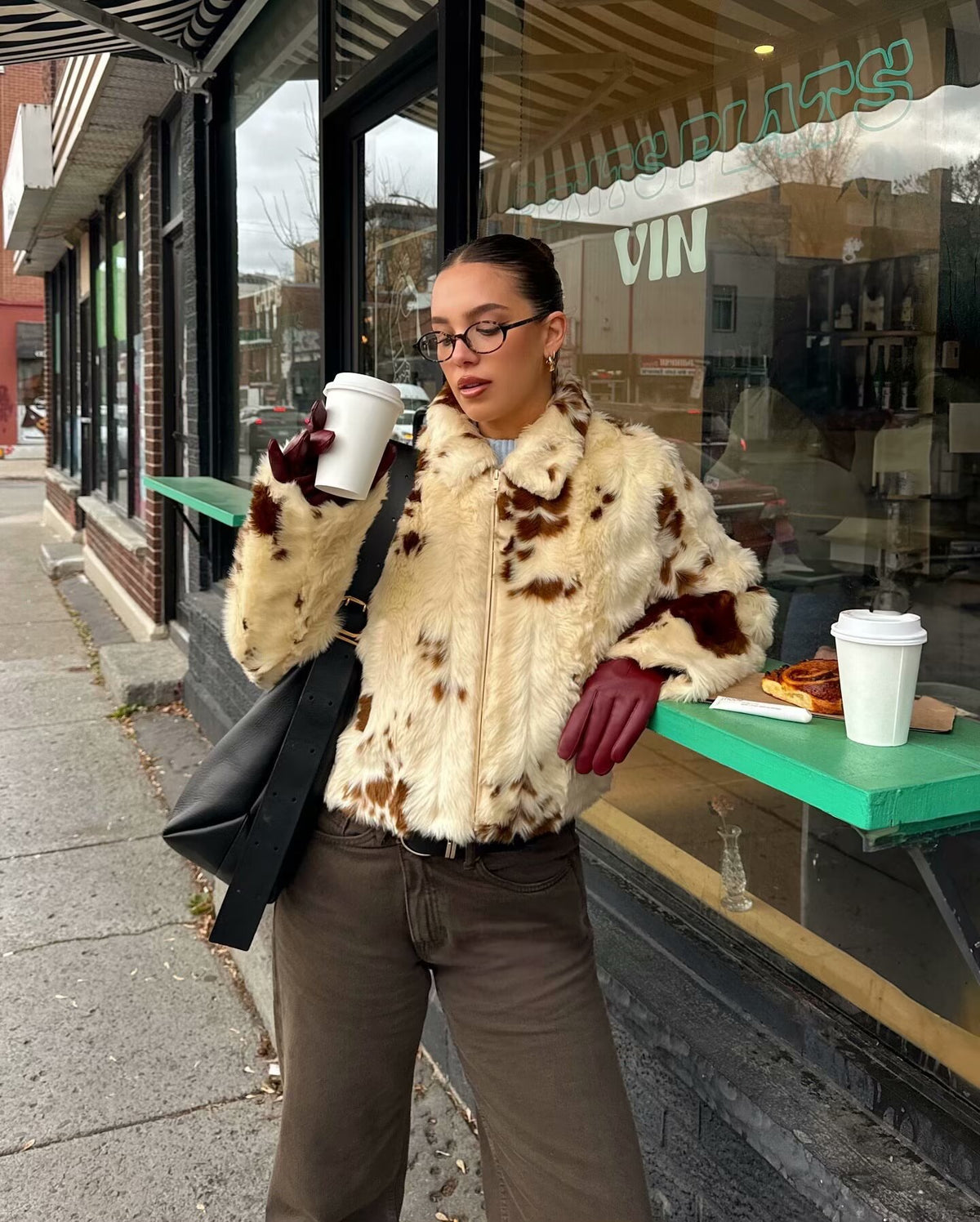 Collared Zip Through Cropped Cow Print Faux Fur Jacket
