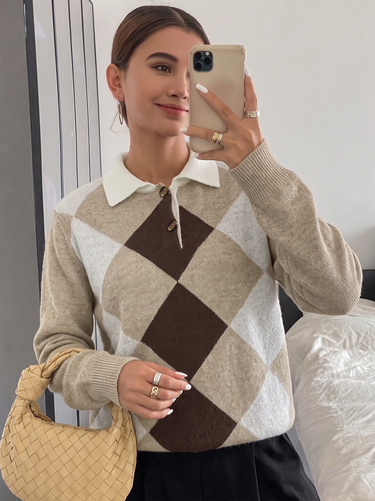 Contrast Collar Button Placket Argyle Polo Jumper