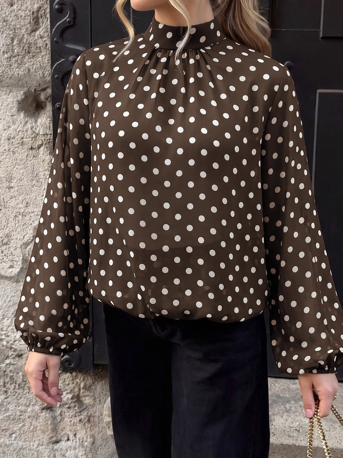 High Neck Balloon Sleeve Polka Dot Chiffon Blouse