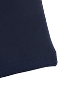Close-up of a dark navy blue fabric corner with visible stitching, set against a plain white background.