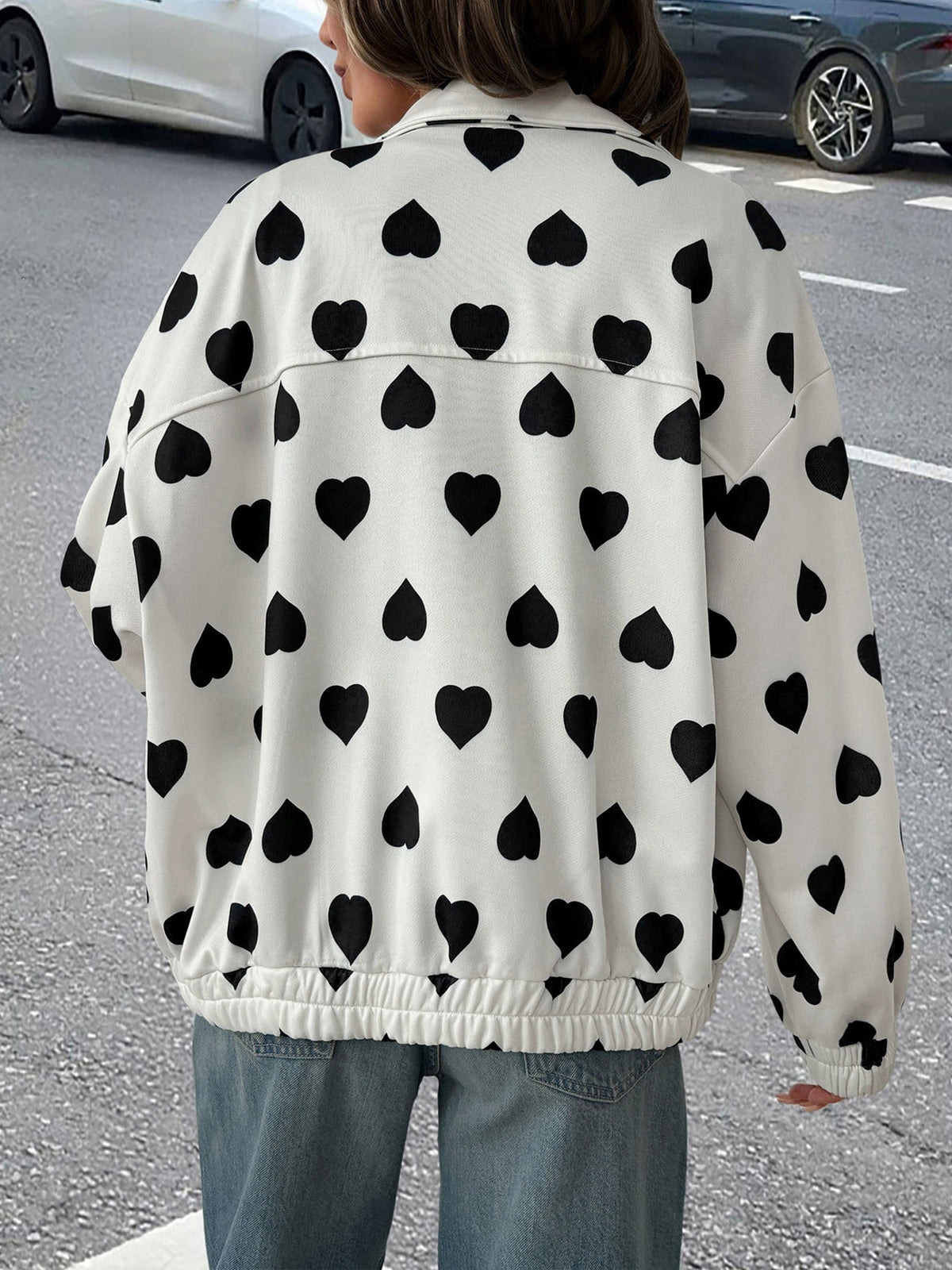 Collared Heart Print Zip Front Bomber Jacket