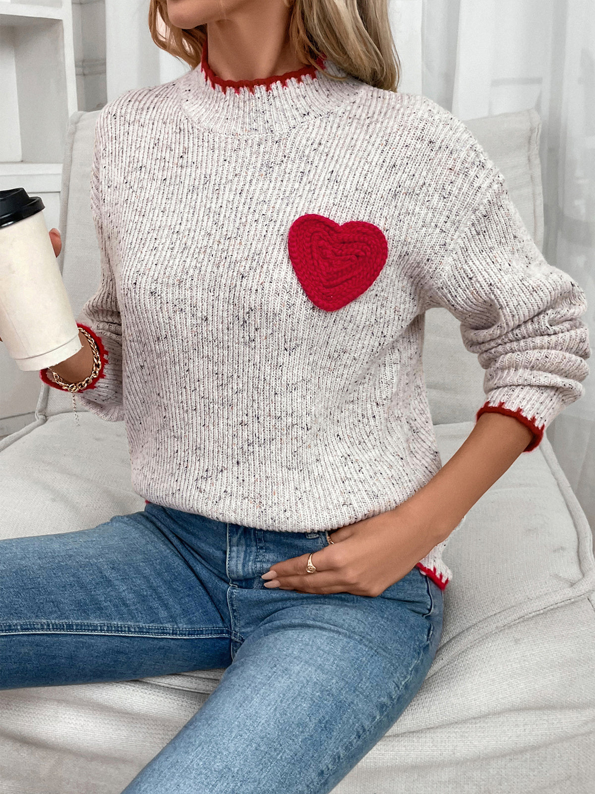 Contrast Stitch Mock Neck Heart Knit Jumper