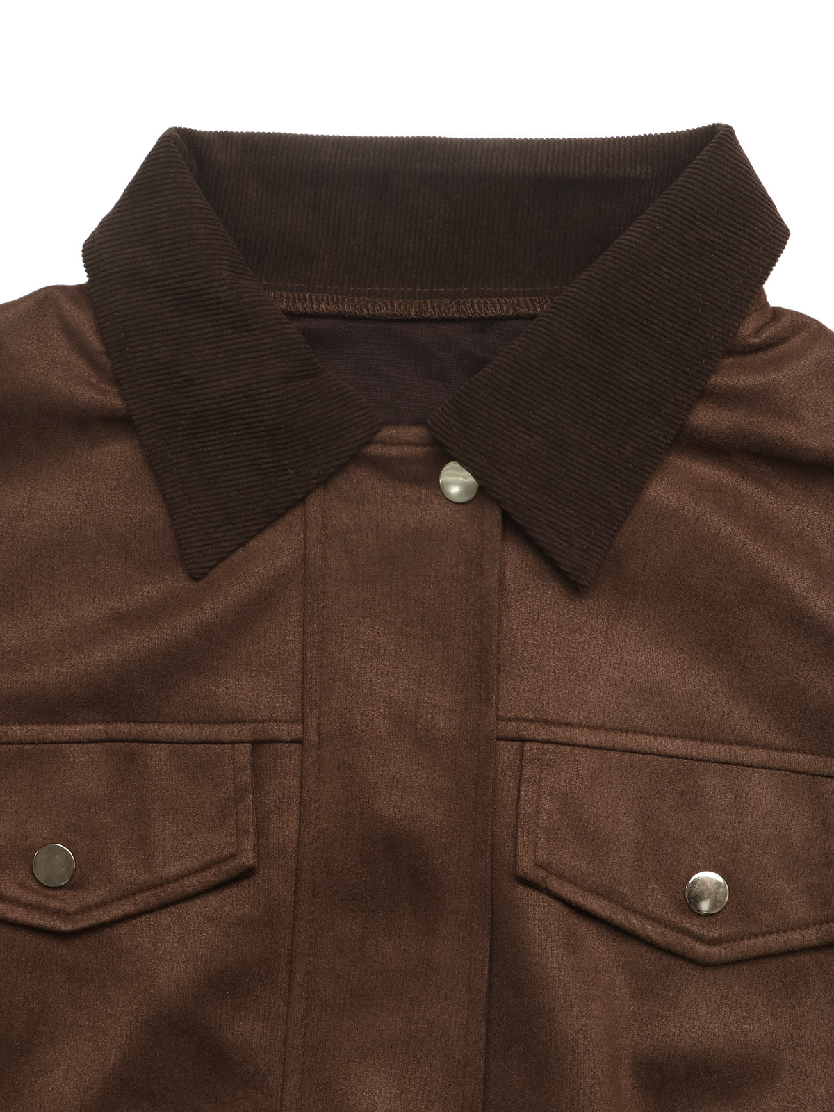 Close-up of a brown jacket featuring a ribbed corduroy collar, two flap chest pockets with silver snap buttons, and a matching brown button closure.
