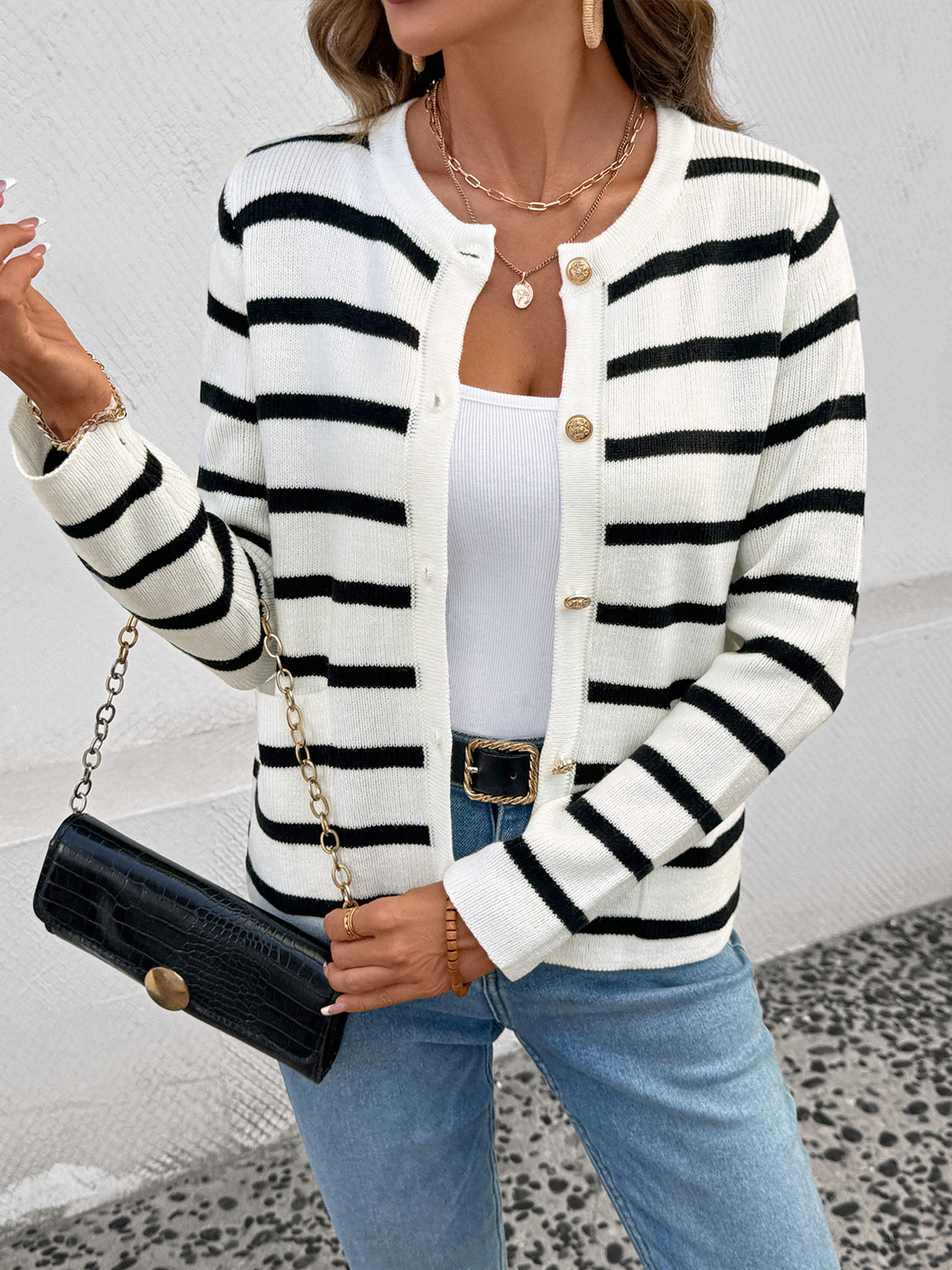 Black and White Striped Cardigan with Gold Button Front