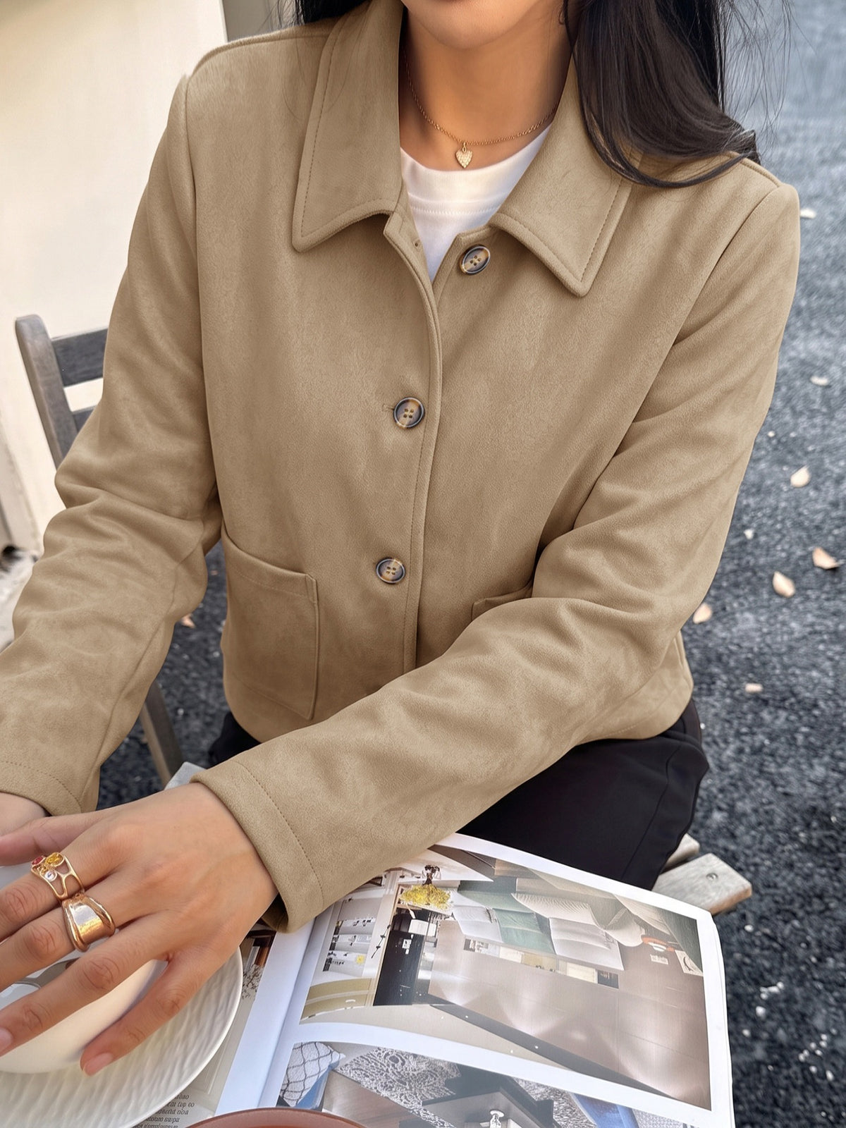 Collared Patch Pocket Button Suedette Jacket