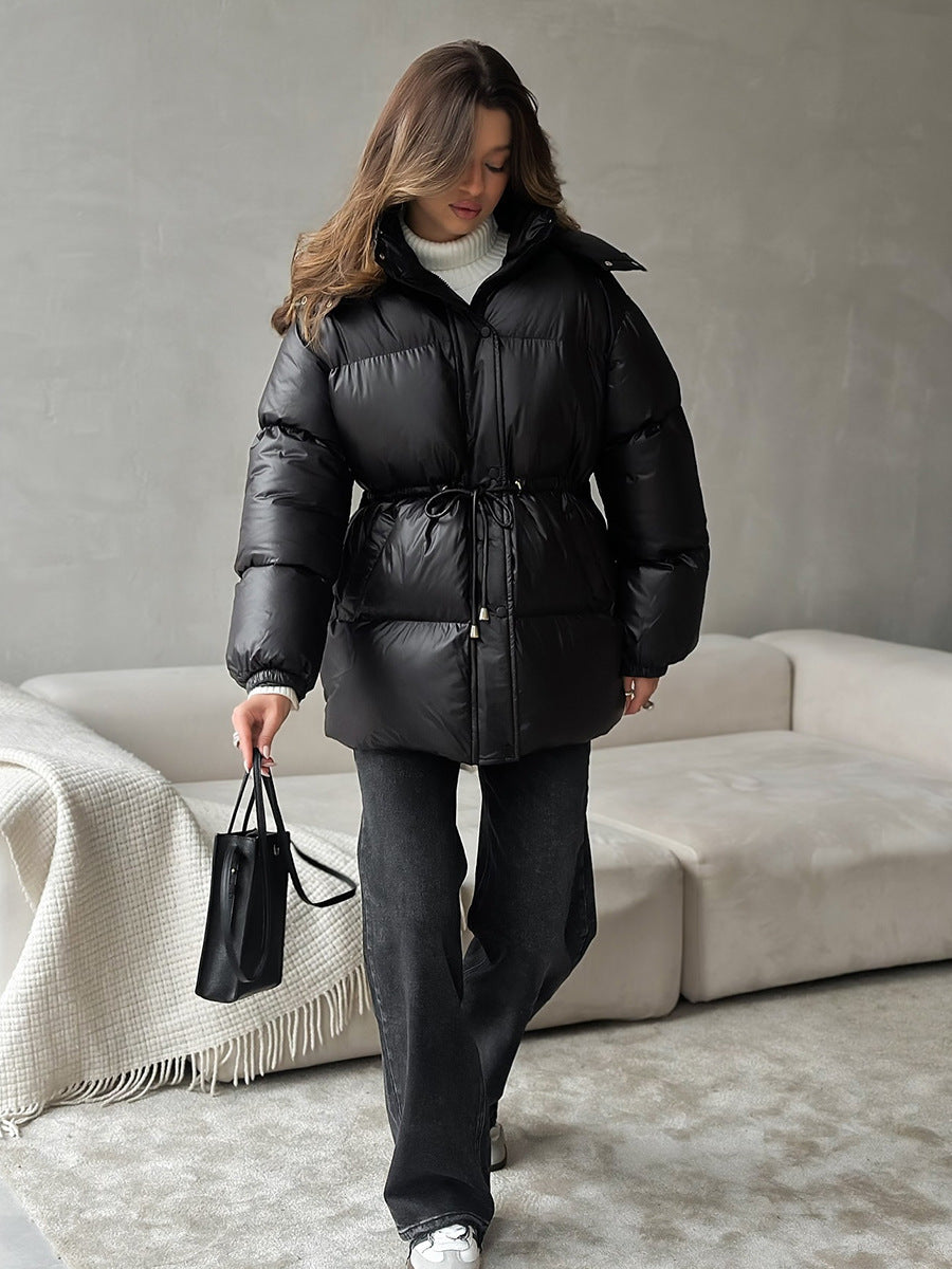 Drawstring Waist Hooded Zip Front Puffer Jacket