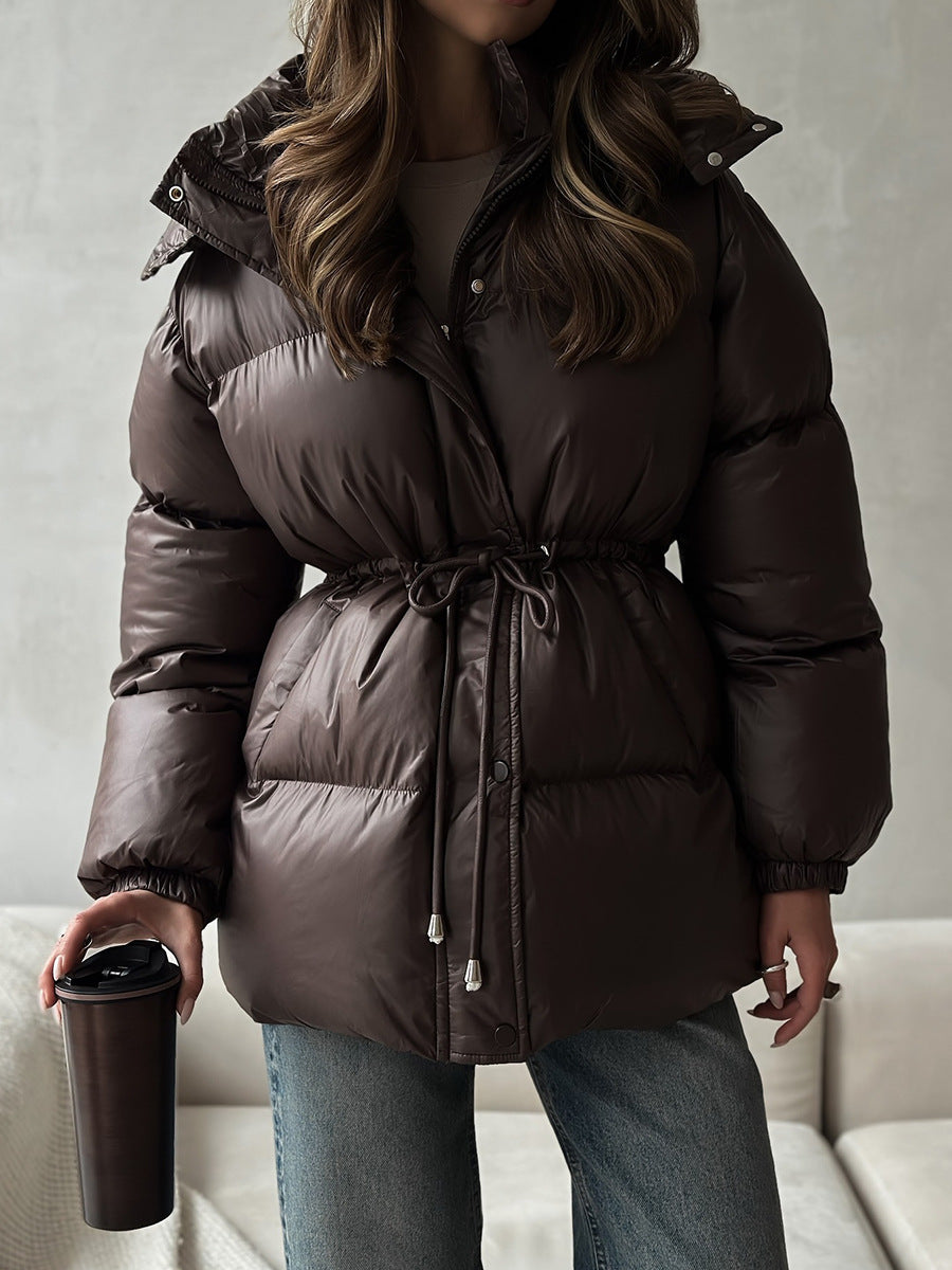 Drawstring Waist Hooded Zip Front Puffer Jacket