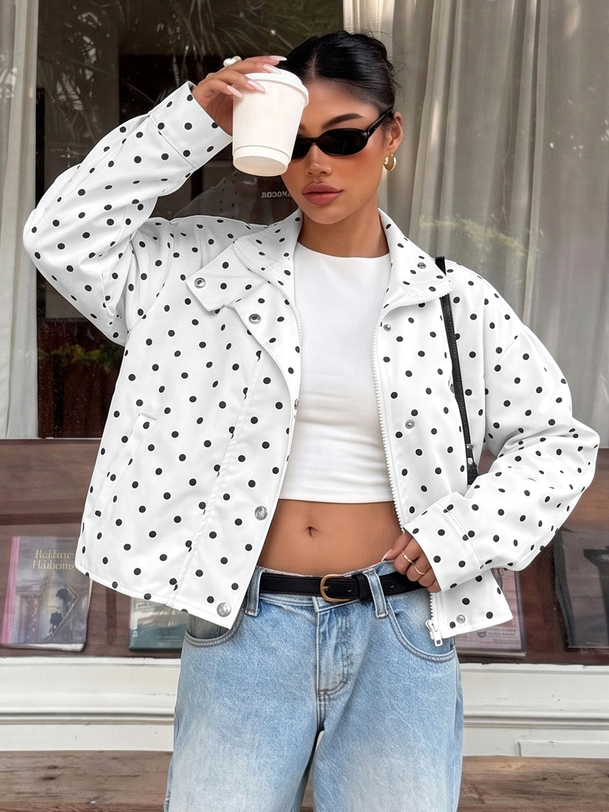 Funnel Neck Zip Front Cropped Polka Dot Jacket