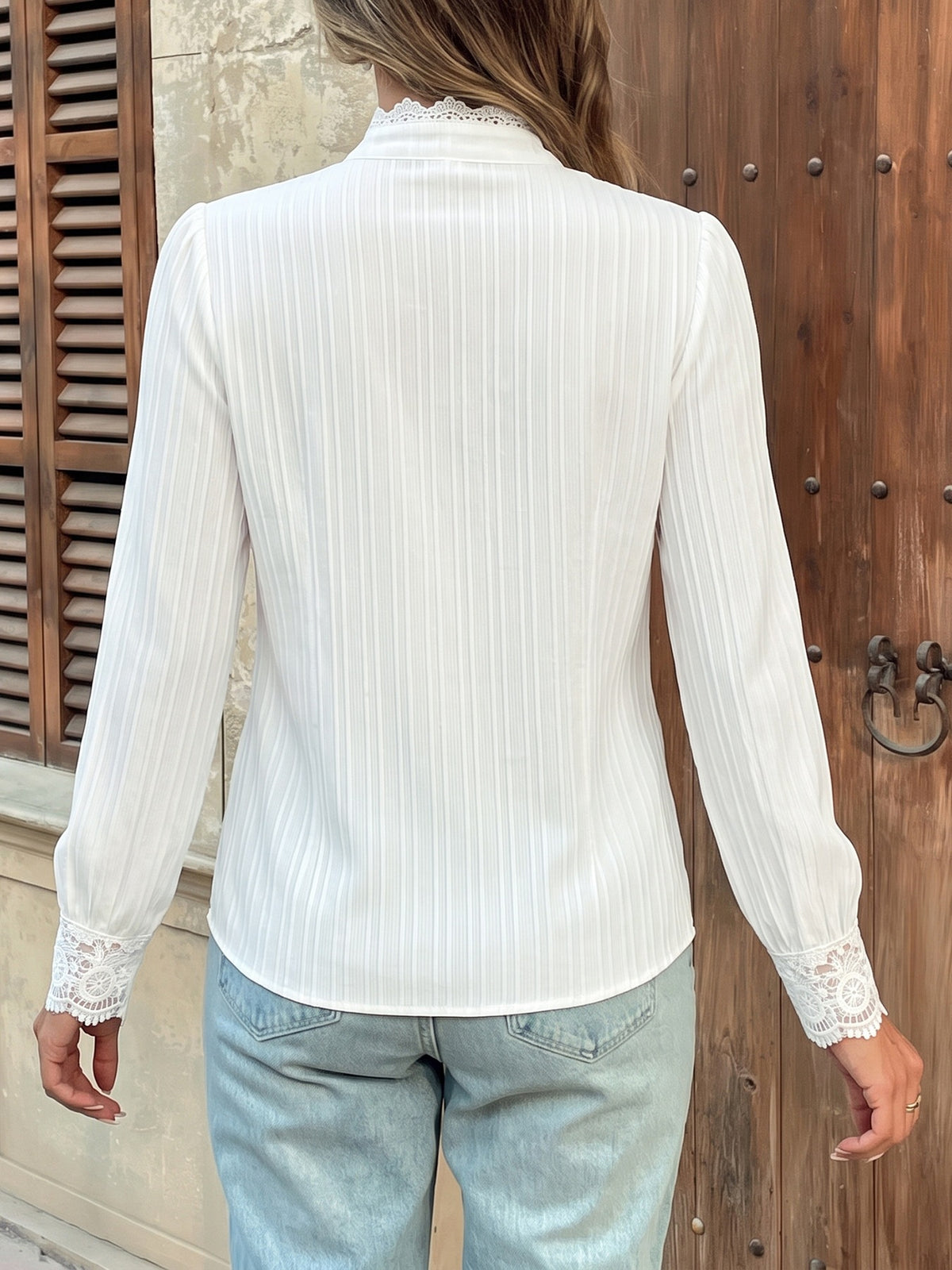 Guipure Lace Yoke High Neck Button Through Blouse